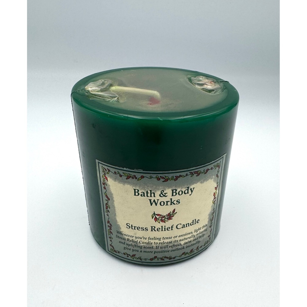 VTG Bath & Body Works Stress Relief Green Pillar Candle NEW SEALED Discontinued